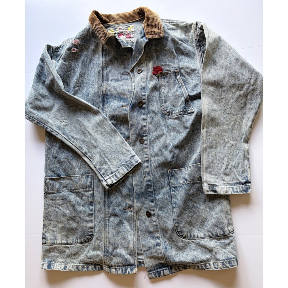 Vintage Lee Acid Wash Denim Chore Coat Corduroy Collar Rose Embroidery Jacket 80